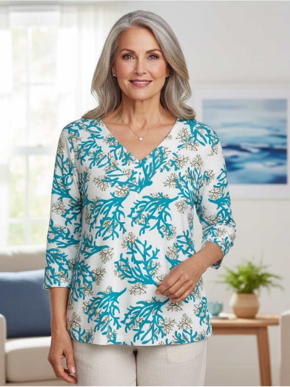 🩷 Barbara Gerwit Vintage Women XL Reef Blue White 3/4 Sleeve top Coastal Beach